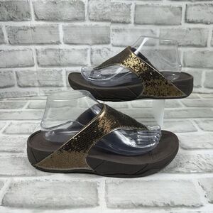 Fitflop Women's Size 9 Electra Bronze Sequin Flip Flop Thong Wedge Sandal